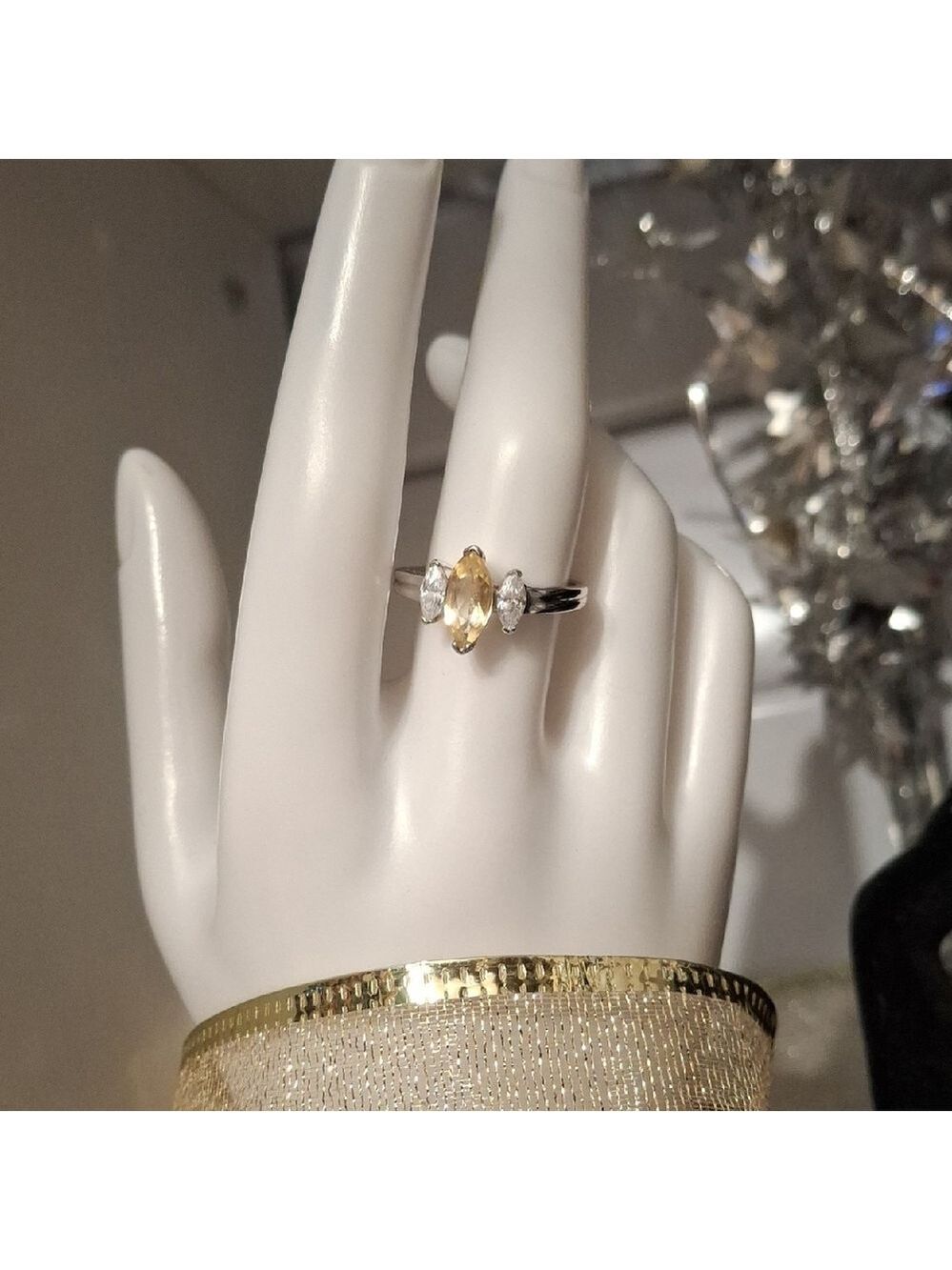 Marquis Cut Citrine and CZ Sterling Silver Women's Ring Sz 8.25